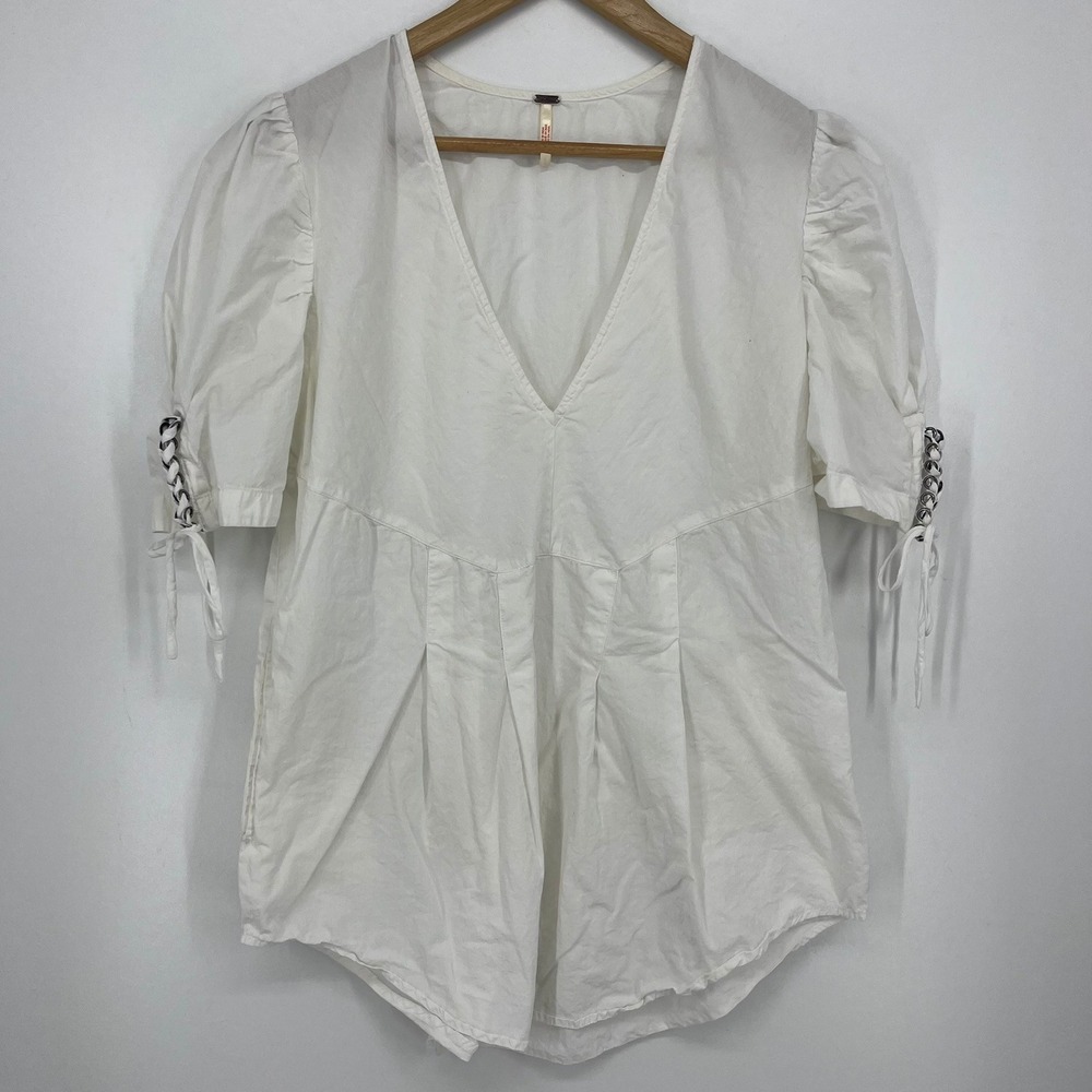 Free People White Puff Sleeve Lace Up V-Neck Peplum Blouse Womens Small